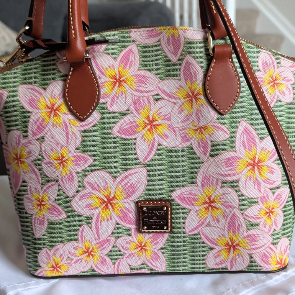 Dooney & Bourke Pink Floral Satchel with Brown Trim